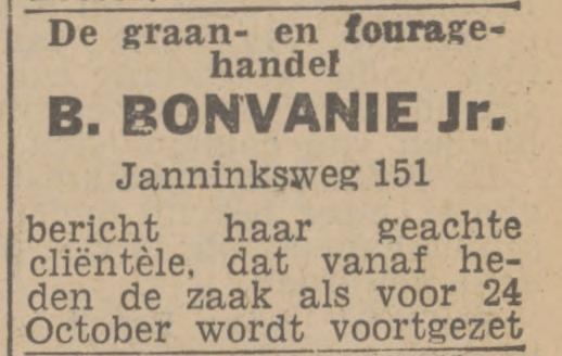 Janninksweg 151 B. Bonvanie Jr. Graan- en Fouragehandel advertentie Twentsch nieuwsblad 11-12-1944.jpg