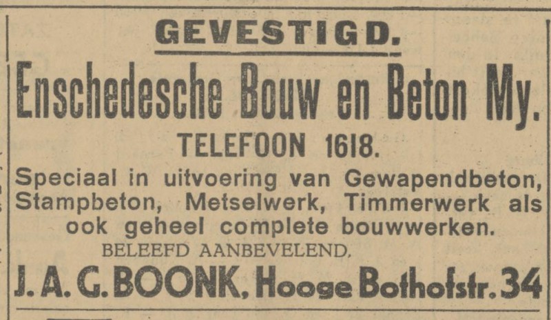 Hoge Bothofstraat 34 J.A.G. Boonk Enschedesche Bouw en Beton Mij. advertentie Tubantia 22-6-1928.jpg
