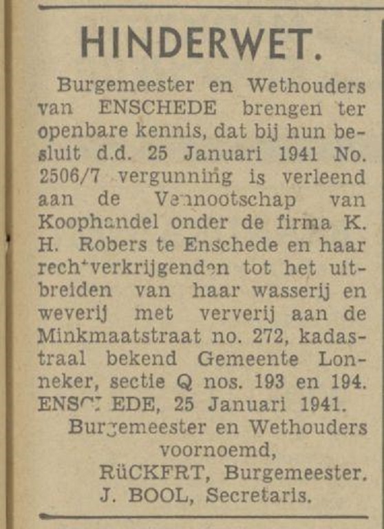 Minkmaatstraat 272 Firma K.H. Robers wasserij en weverij met ververij. Hinderwet krantenbericht Tubantia 25-1-1941.jpg
