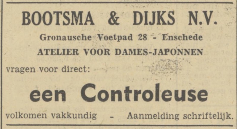 Gronausevoetpad 28 Bootsma & Dijks advertentie Tubantia 27-6-1950.jpg