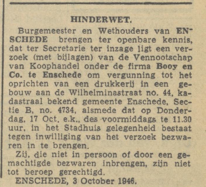 Wilhelminastraat 44 Booy & Co. Drukkerij Hinderwet 8-10-1946.jpg