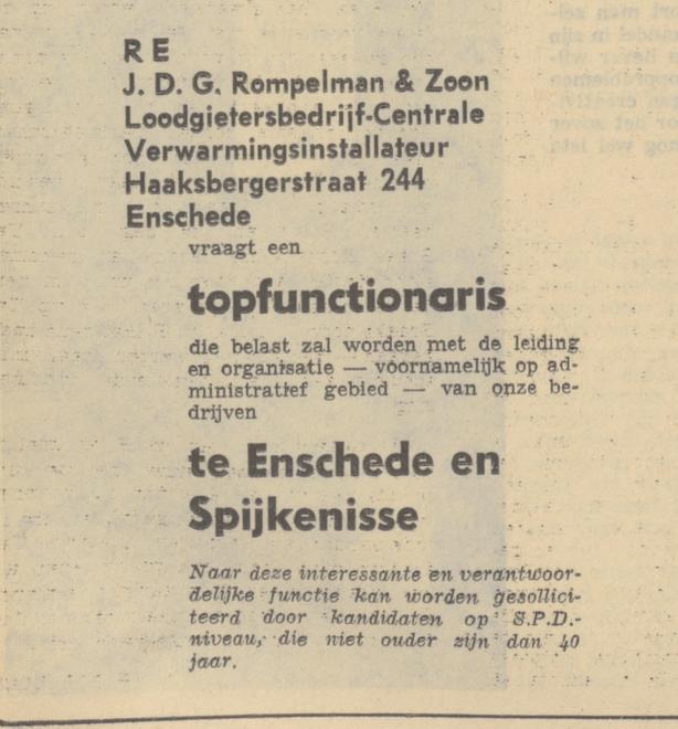 Haaksbergerstraat 244 RE J.D.G. Rompelman en Zoon advertentie Algemeen Handelsblad 6-6-1964.jpg