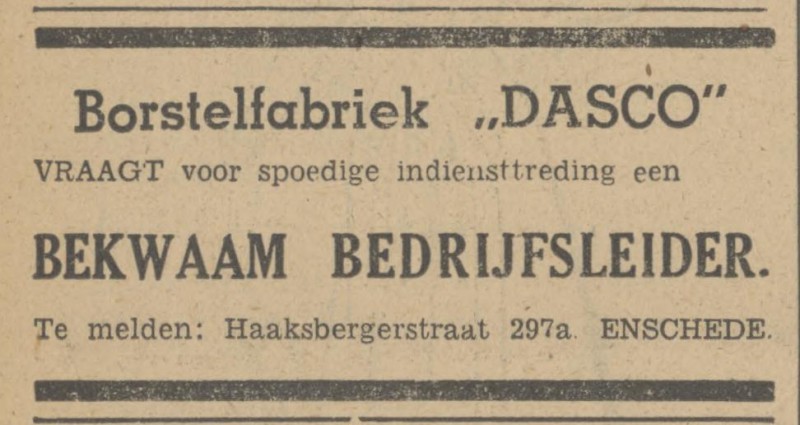 Haaksbergerstraat 297a Borstelfabriek Dasco advertetie Tubantia 13-12-1947.jpg