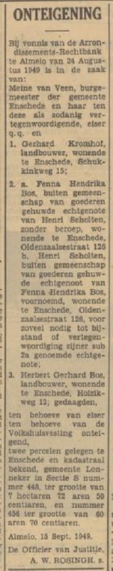 Holzikweg 12 Herbert Gerhard Holzik onteigening krantenbericht Tubantia 16-9-1949.jpg