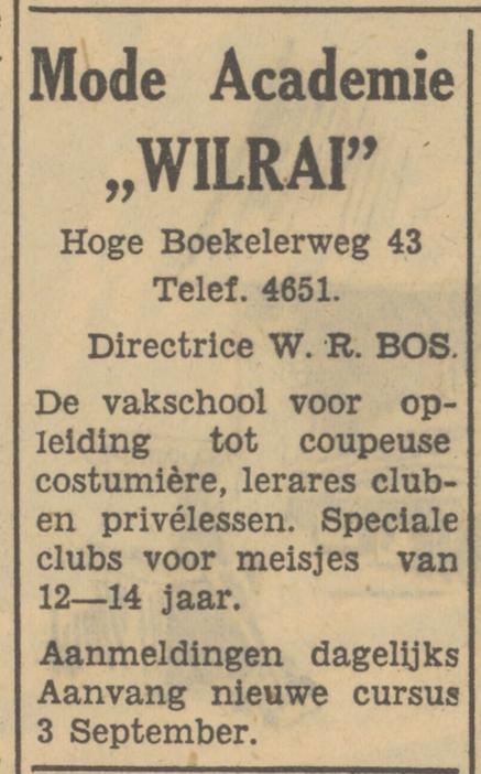 Hoge Boekelerweg 43 W.R. Bos Mode Academie Wilrai advertentie Tubantia 22-8-1951.jpg