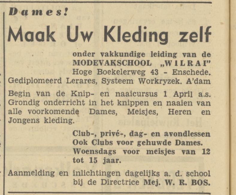 Hoge Boekelerweg 43 W.R. Bos Mode Academie Wilrai advertentie Tubantia 25-3-1950.jpg