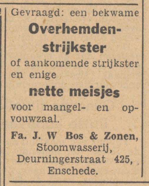 Deurningerstraat 425 Fa. J.W. Bos & Zonen stoomwasserij. advertentie Tubantia 24-2-1949.jpg