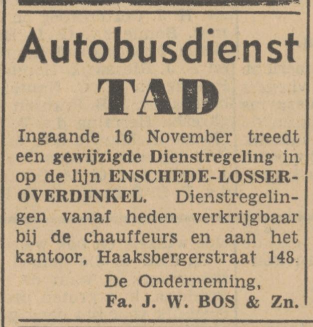 Haaksbergerstraat 148 Fa. J.W. Bos & Zn. Autobusdienst TAD advertentie Tubantia 15-11-1940.jpg