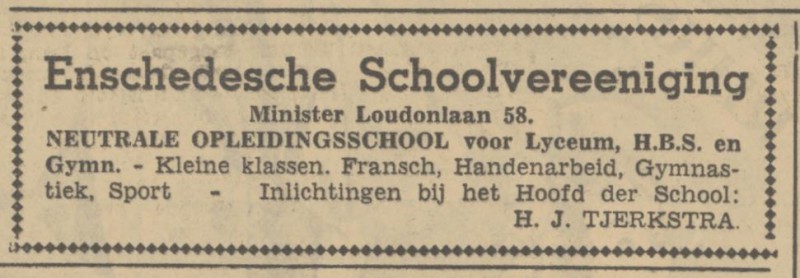 Minister Loudonlaan 58 Enschedesche Schoolvereeniging advertentie Tubantia 22-4-1940.jpg