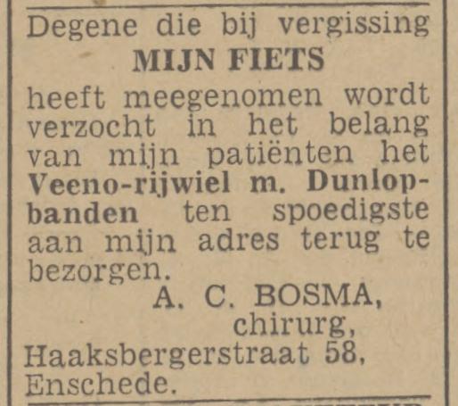 Haaksbergerstraat 58 A.C. Bosma chirurg advertentie Twentsch nieuwsblad 10-6-1950.jpg