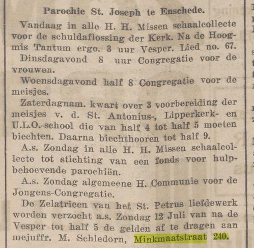 Minkmaatstraat 240 Mej. M. Schledorn van Parochie St. Joseph krantenbericht Overijsselsch dagblad 4-7-1931.jpg