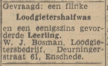 Deurningerstraat 61  W.J. Bosman Loodgietersbedrijf advertentie Twentsch nieuwsblad 17-12-1942.jpg