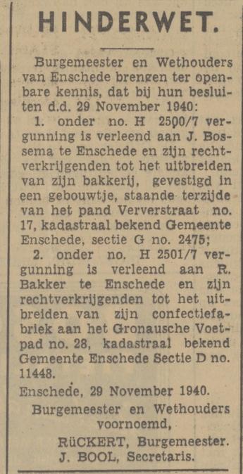 Ververstraat 17 J. Bossema bakkerij krantenbericht Hinderwet Tubantia 29-11-1940.jpg