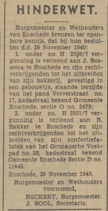 Ververstraat 17 J. Bossema bakkerij krantenbericht Hinderwet Tubantia 29-11-1940.jpg