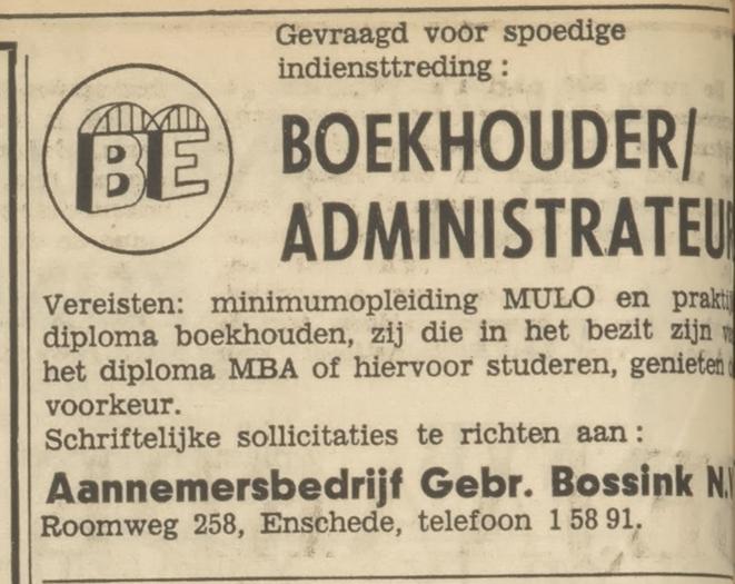 Roomweg 258 Aannemersbedrijf Gebr. Bossink N.V. advertentie Tubantia 3-5-1969.jpg