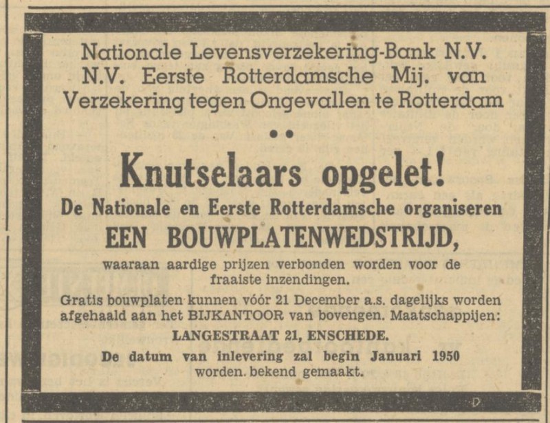 Langestraat 21 Nationale Lvensverzekring-Bank N.V. en N.V. Eerste Rotterdamsche Mij. van Verzekering tegen Ongevallen. advertentie Tubantia 13-12-1949.jpg