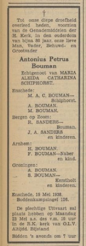 Boddenkampsingel 126 A.P. Bouman overlijdensadvertentie Tubantia 20-5-1938.jpg
