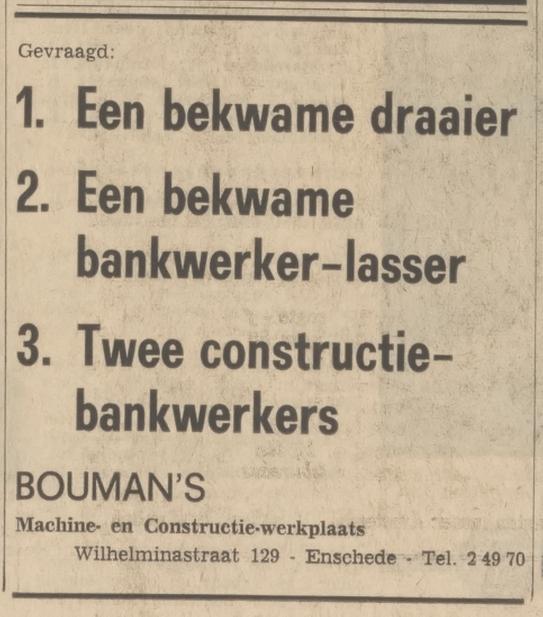 Wilhelminastraat 129 Bouman's Machine- en Constructiewerkplaats. advertentie Tubantia 31-3-1966.jpg
