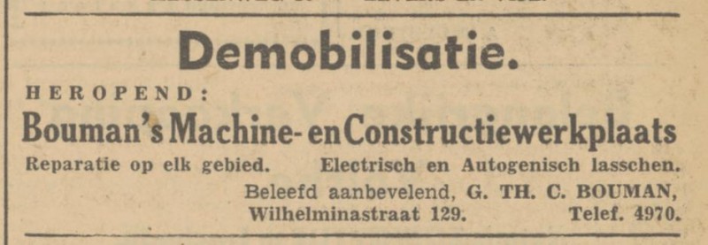 Wilhelminastraat 129 Bouman's Machine- en Constructiewerkplaats. advertentie Tubantia 1-6-1940.jpg