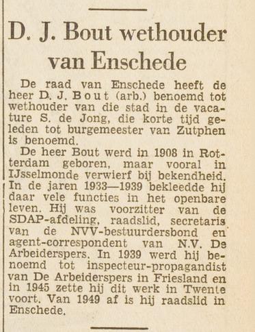 D.J. Bout wethouder van Enschede krantenbericht Vrije Volk 30-7-1952.jpg