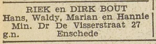 Min. Dr. de Visserstraat 27 D. Bout advertentie Vrije Volk 31-12-1951.jpg
