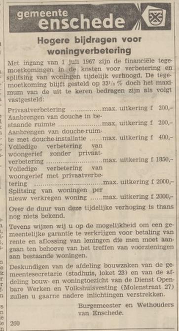 Molenstraat 27 Bouw- en Woningtoezicht van de Dienst Openbare Werken en Volkshuisvesting advertentie Tubantia 19-7-1967.jpg