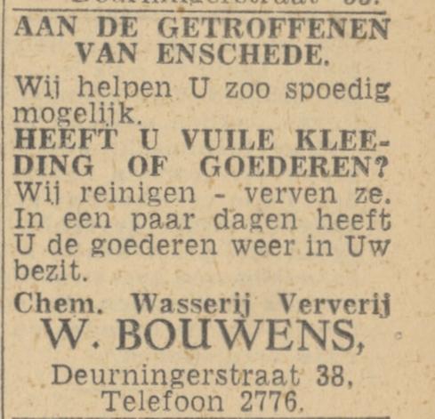 Deurningerstraat 38 W. Bouwens Chem. Wasserij Ververij advertentie Twentsch nieuwsblad 3-3-1944.jpg