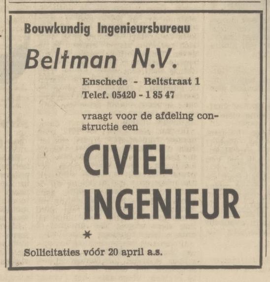 Beltstraat 1 Bouwkundig Ingenieursbureau Beltman N.V. advertentie Tubantia 30-3-1968.jpg