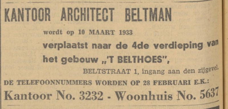 Beltstraat 1 Bouwkundig Ing. Bureau G. Beltman A.G.zn. advertentie Tubantia 24-2-1933.jpg