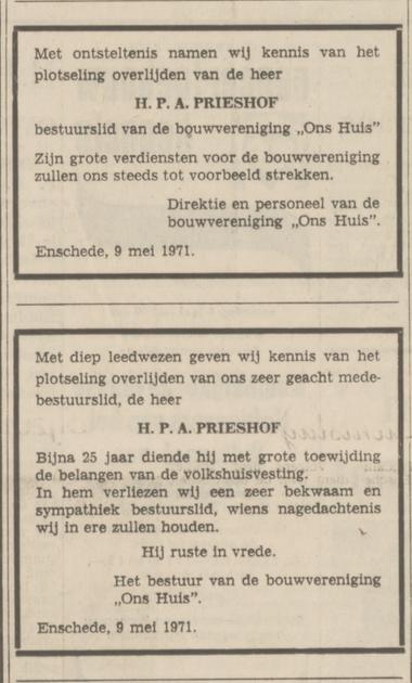 Oliemolensingel 9 H.P.A. Prieshof bestuurslid bouwvereniging Ons Huis overlijdensadvertentie Tubantia 11-5-1971.jpg