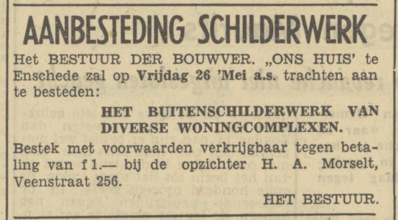 Veenstraat 256 Bouwver. Ons Huis opzichter H.A. Morselt advertentie Tubantia 17-5-1950.jpg