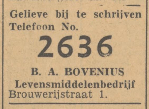 Brouwerijstraat 1 B.A. Bovenius Levensmiddelenbedrijf advertentie Tubantia 9-7-1947.jpg