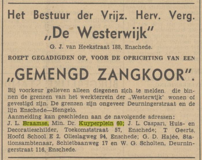 Minister Dr. Kuyperplein 60 J.L. Braamse adertentie Tubantia 26-7-1941.jpg