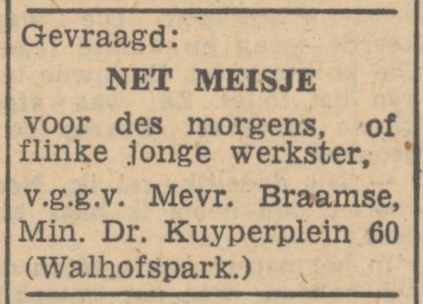 Minister Dr. Kuyperplein 60  Mevr. Braamse adertentie Tubantia 26-2-1947.jpg