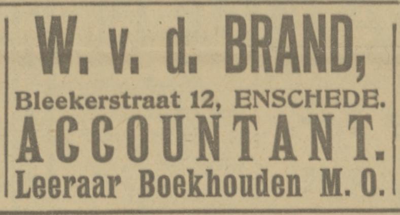 Bleekerstraat 12 W. van de Brand leeraar Boekhouden M.O. advertentie Tubantia 24-6-1921.jpg