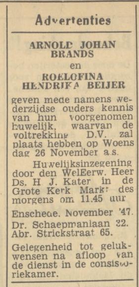 Abraham Strickstraat 65 A.J. Brands advertentie Tubantia 18-11-1947.jpg