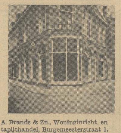 Burgemeesterstraat 1 A. Brands & Zn. Woninginrichting en tapijthandel krantenfoto Tubantia 19-6-1934.jpg