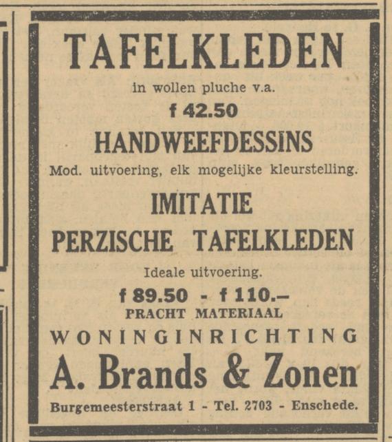 Burgemeesterstraat 1 A. Brands & Zonen. Woninginrichting advertentie Tubantia 30-11-1951.jpg