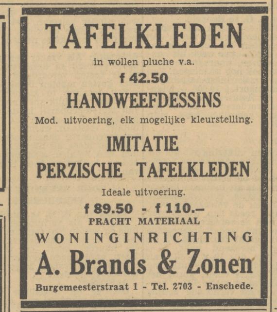 Burgemeesterstraat 1 A. Brands & Zonen. Woninginrichting advertentie Tubantia 30-11-1951.jpg