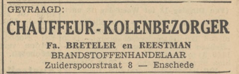 Zuiderspoorstraat 8  Fa. Breteler & Reestman Brandstoffenhandel advertentie Tubantia 4-7-1950.jpg
