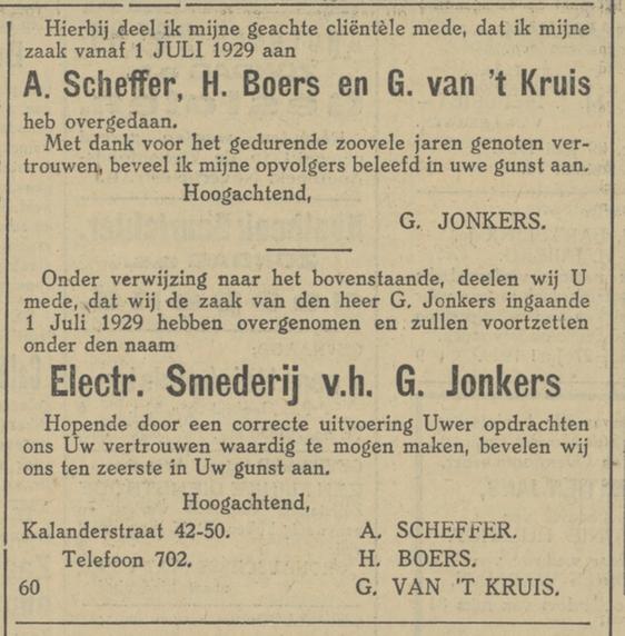 Kalanderstraat 42-50 Electr. smederij v.h. G. Jonkers advertentie Tubantia 29-6-1929.jpg