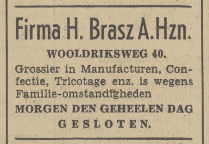 Wooldriksweg 40 H. Brasz Grossier manufacturen advertentie Tubantia 3-7-1939.jpg