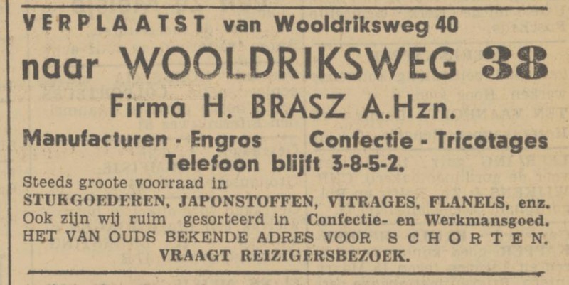 Wooldriksweg 40 H. Brasz Maufact.Engros advertentie Tubantia 2-3-1940.jpg
