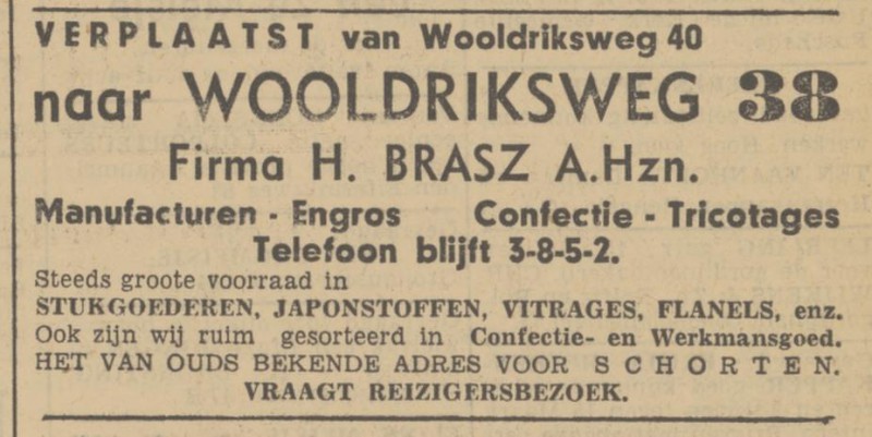 Wooldriksweg 40 H. Brasz Maufact.Engros advertentie Tubantia 2-3-1940.jpg