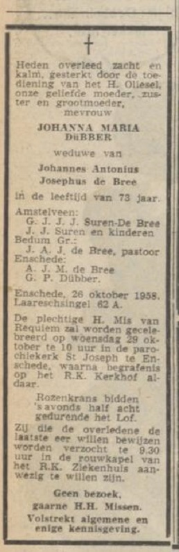 Laaressingel 62a J.M. de Bree-Dübber overlijdensadvertentie De Volkskrant 27-10-1958.jpg