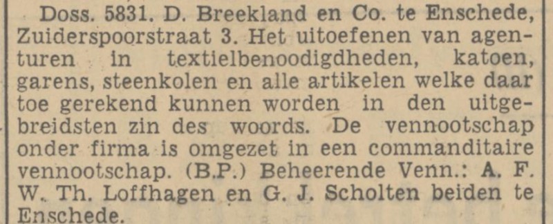Zuiderspoorstraat 3 Fa. D. Breekland & Co. krantenbericht Tubantia 16-5-1939.jpg