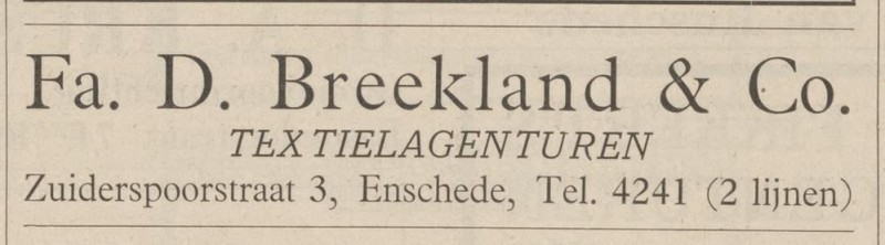 Zuiderspoorstraat 3 Fa. D. Breekland & Co. Textielagenturen advertentie 8-12-1938.jpg