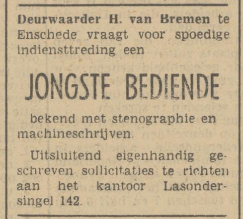 Lasondersingel 142 H. van Bremen Deurwaarder advertentie Tubantia 28-5-1941.jpg