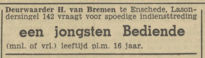 Lasondersingel 142 H. van Bremen Deurwaarder advertentie Tubantia 28-10-1946.jpg