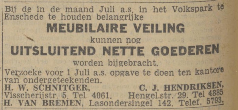 Lasondersingel 142 H. van Bremen Deurwaarder advertentie Twentsch nieuwsblad 23-6-1943.jpg